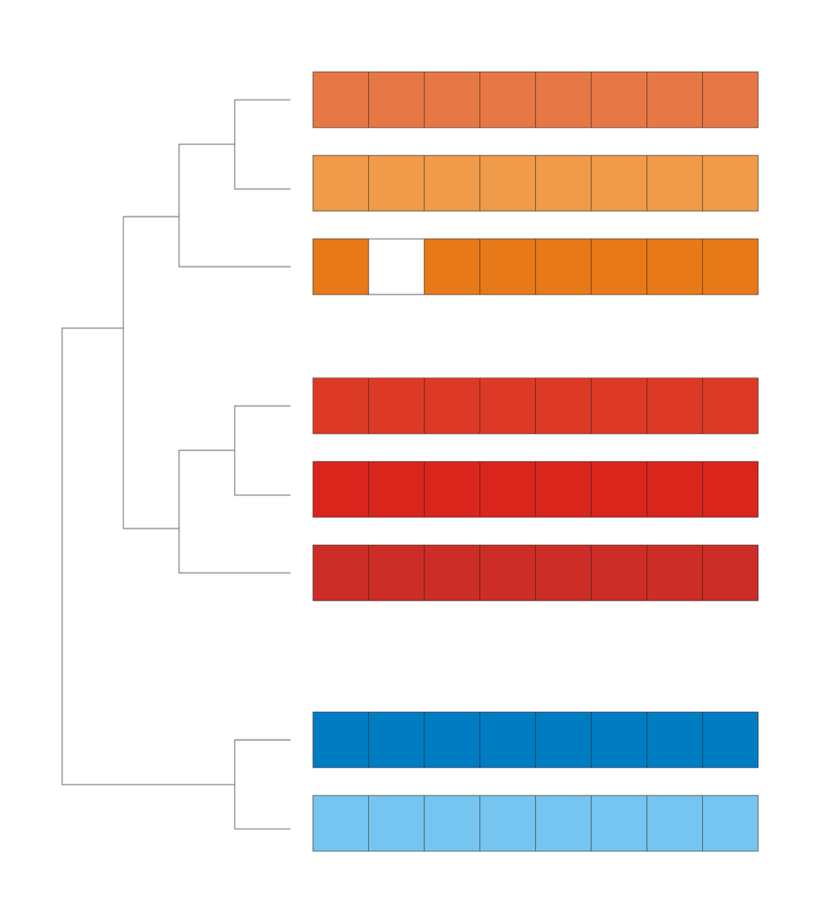 Eight bars below each other, grouped by 3 orange, 3 red, 2 blue, with drawn edges beside it.