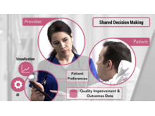 Data-Driven Visual Consent will aid in shared decision making by allowing patients to take an active role in treatment planning. An image of a healthcare provider showing a patient a phone which is annotated with ‘AI’ and ‘Visualization.